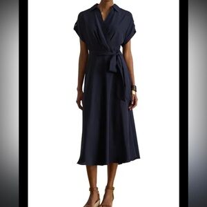 Ralph Lauren Classic Navy Wrap Midi Dress with Tie Waist